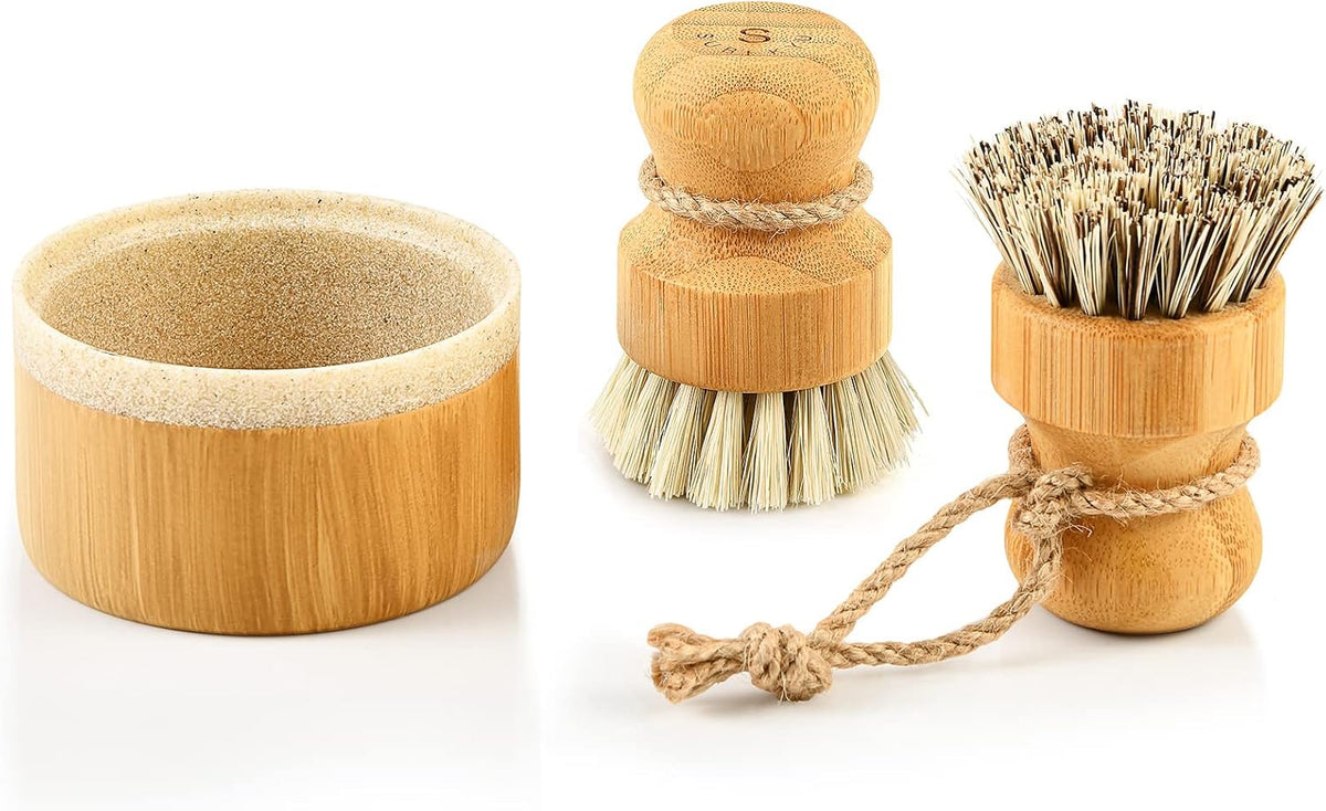 SUBEKYU Bamboo Dish Scrub Brush,Produce Brush,2 Pack with Holder