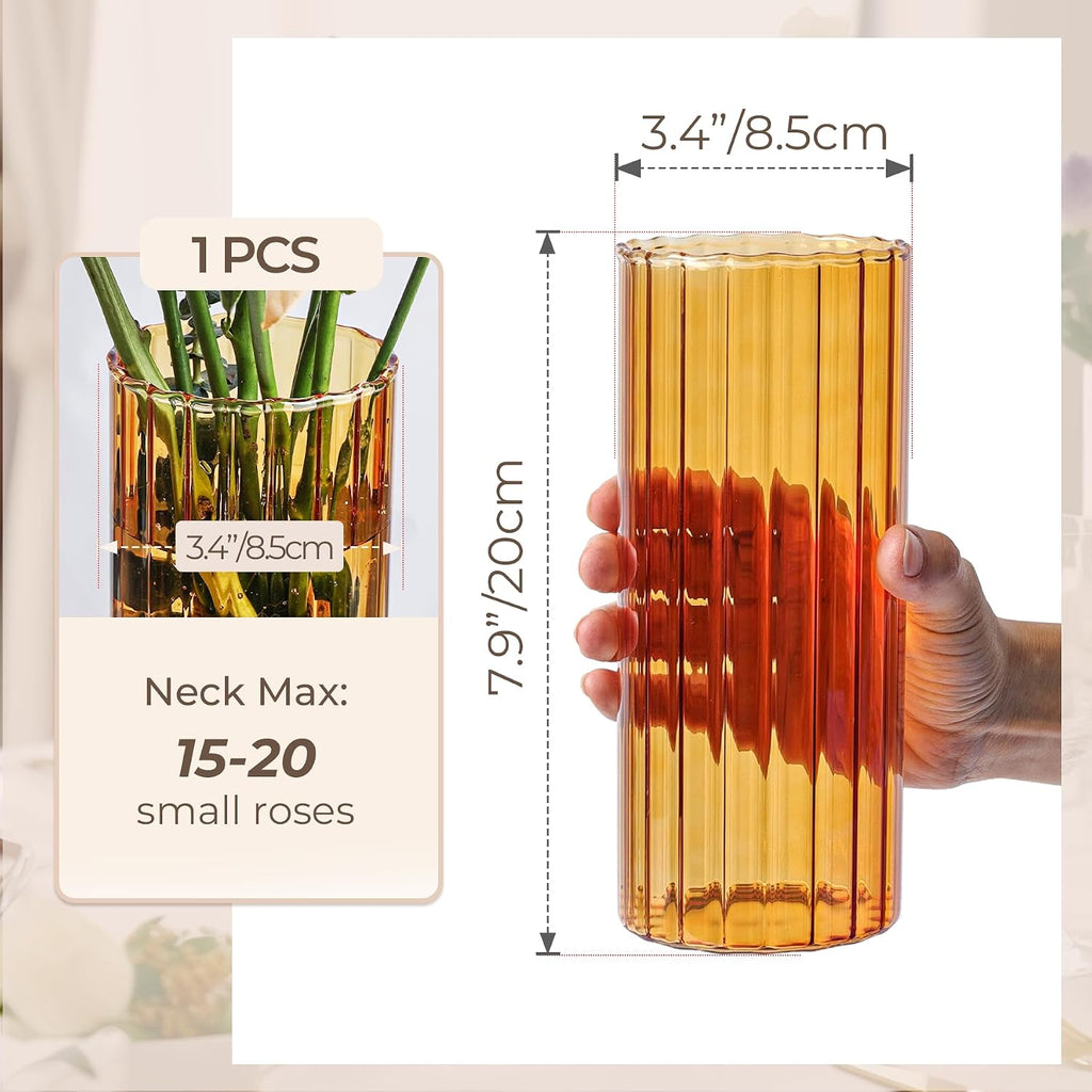 ComSaf Glass Cylinder Vase 8 Inch Tall, Amber Ribbed Decor for Centerpieces
