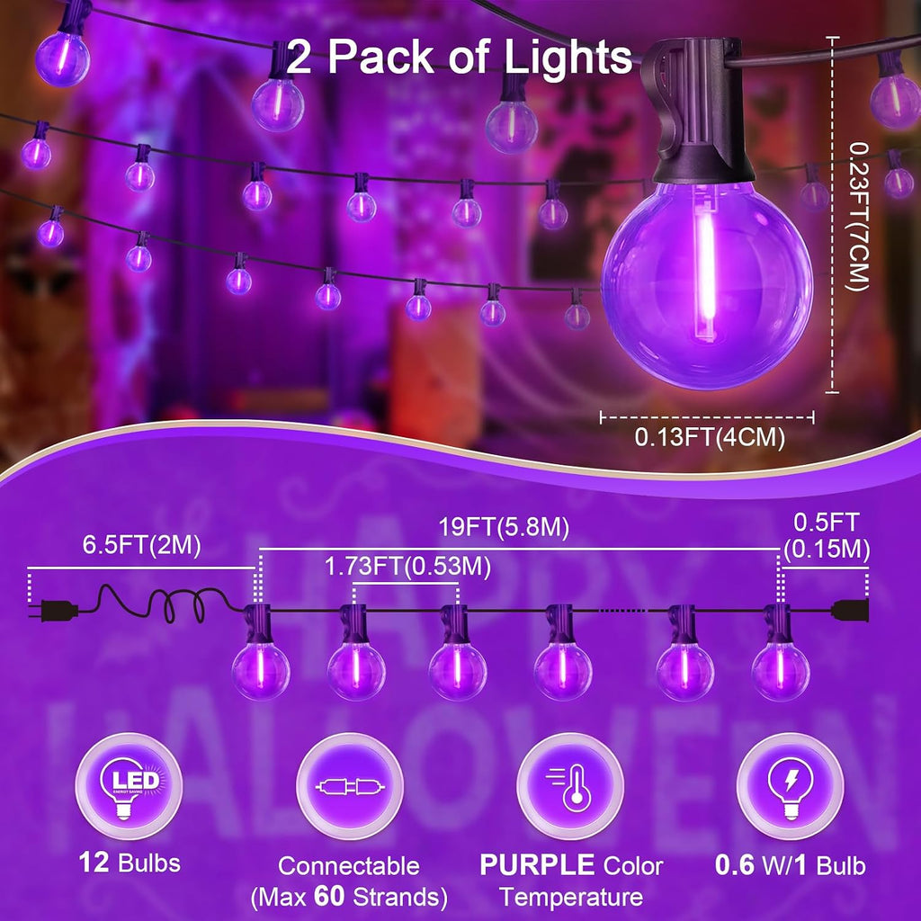 LAMPHOME G40 LED Outdoor Halloween String Lights, 2 Pack 26FT Patio Lights with 12+1 Edison Shatterproof Bulbs(1 Spare), Connectable Outside Lights for Backyard Porch Halloween Christmas Decor, Purple