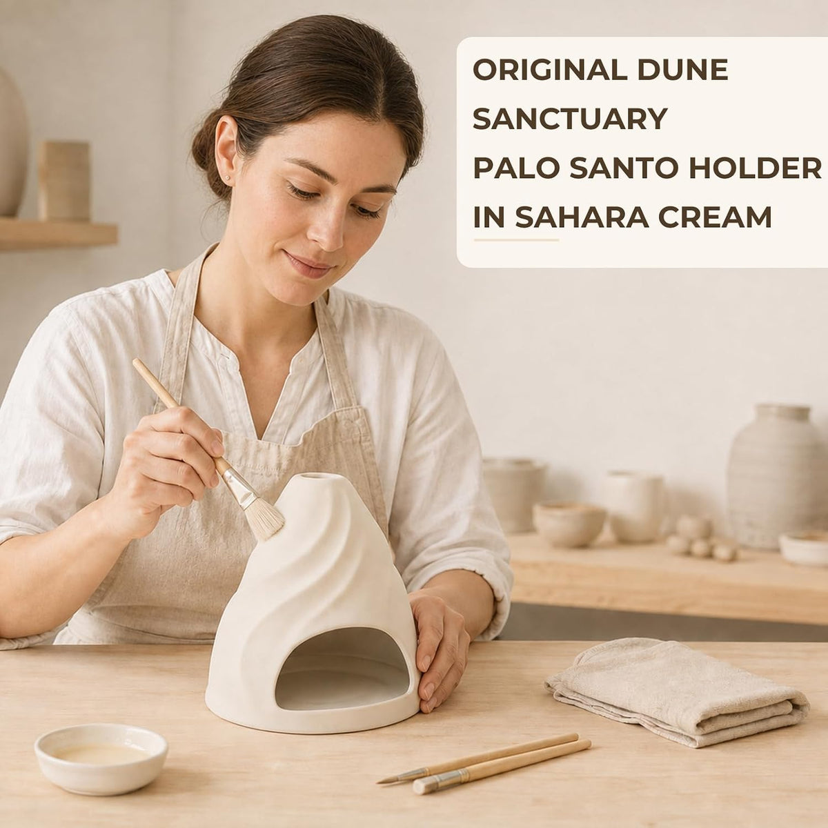 Palo Santo Holder, Ceramic Dune-Inspired Tactile Burner with Felt Pad and Fan Brush, Multi-Use Incense Holder for Palo Santo Sticks and Smudge Sage, Meditation and Home Decor -Cream