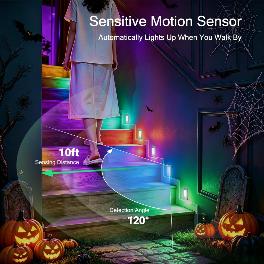 V4light Rechargeable Motion Sensor Night Light, 3-Pack Silver, RGB-6 Halloween Edition — Ultra-Thin Painted Aluminum Alloy, Magnetic Mount, 6 Eerie Colors for Haunted Pathways, Spooky Decor