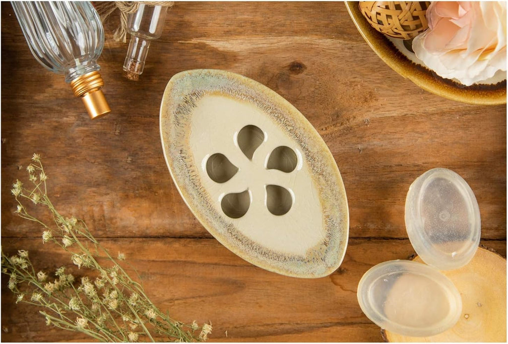 Ceramic Soap Dish with Self Draining Tray for Bar Soap, Bathroom, Kitchen (Ivory No.3)