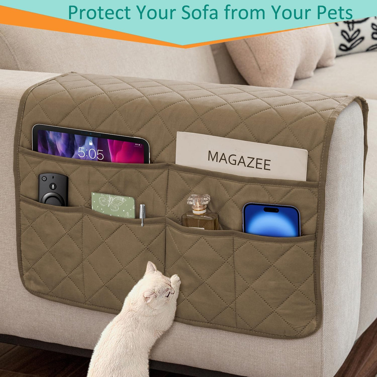 Remote Control Holder for Recliner Non-Slip Armchair Caddy Couch Armrest Organizer, Arm Chair Bedside Caddy Storage Organizer for Recliner Couch With 6 Pockets for Magazine, Phone, iPad (Beige)