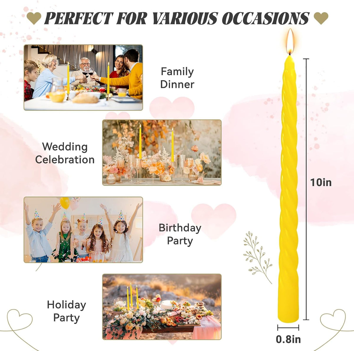 12 Pack 10 x 0.87 Inch Yellow Twisted Taper Candles Set