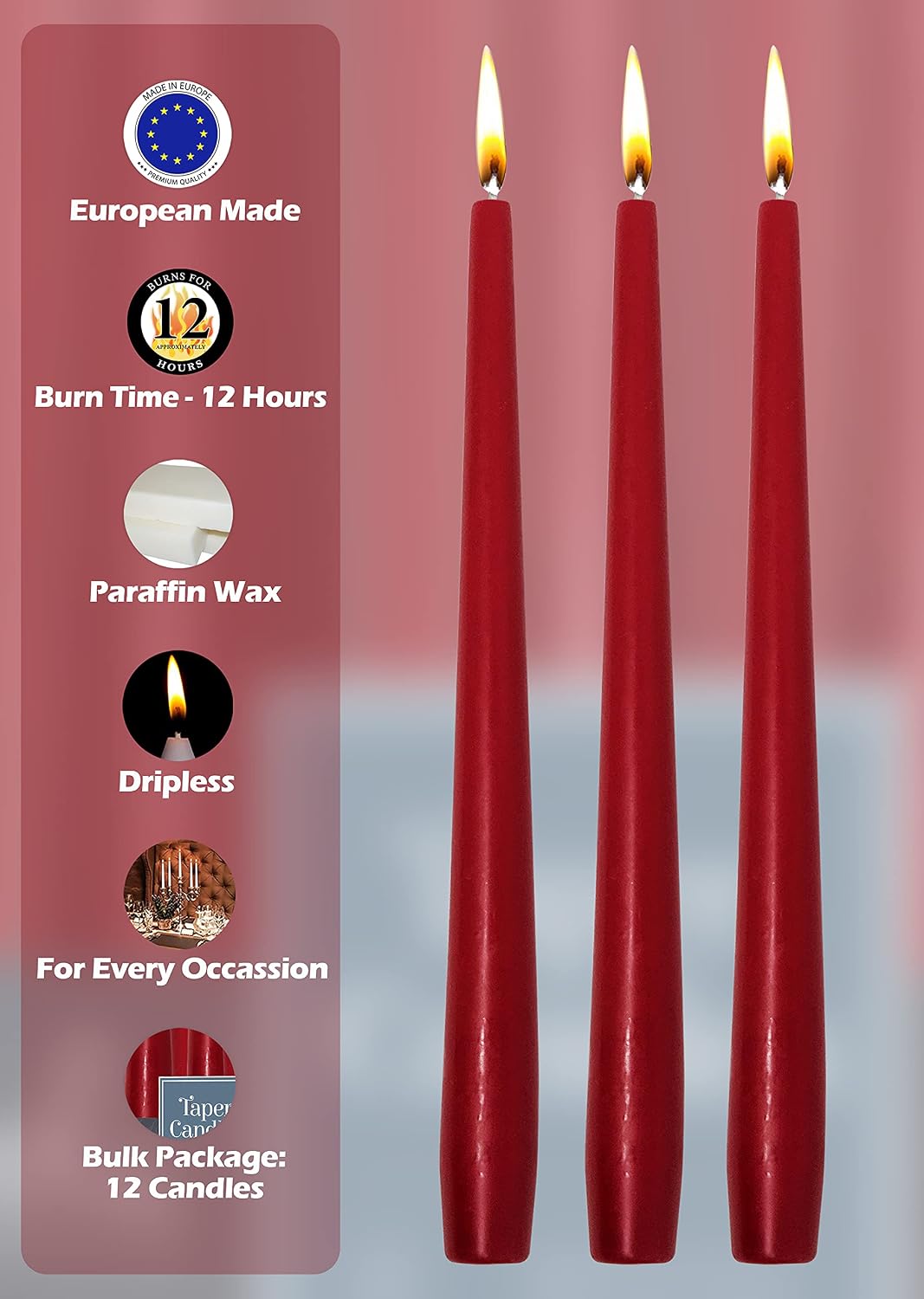 Hyoola Tall Taper Candles - 14 Inch Cherry Red Unscented Dripless Taper Candles - 12 Hour Burn Time - 12 Pack