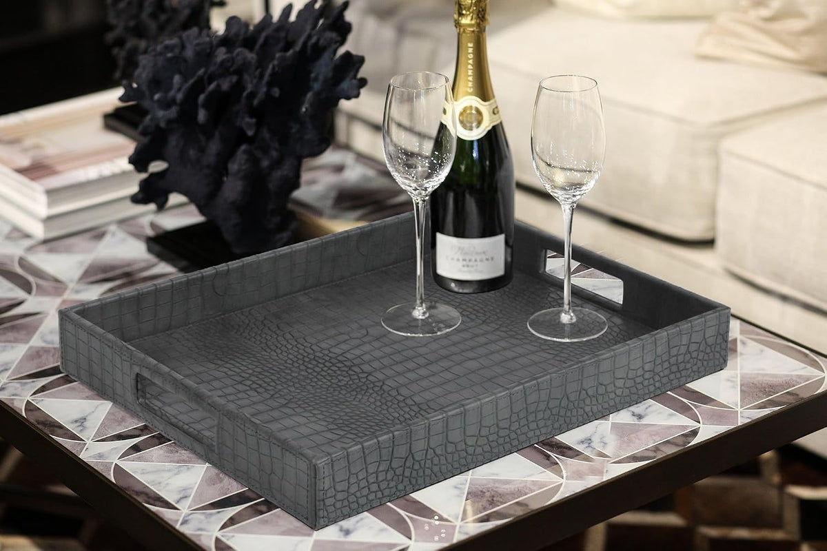 HofferRuffer Rectangle Serving Tray with Hole Handles for Coffee Table, Breakfast, Tea, Food, Butler - Countertop, Kitchen, Vanity Serve Tray, 16.2 x 12.2 x 2 inches, Faux Leather Tray (Dark Grey)