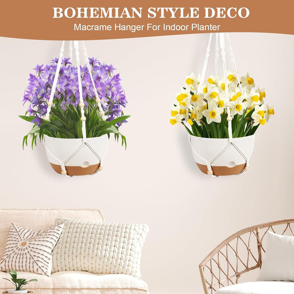 3 Pack Hanging Pot for Indoor Plants, 10inch Self-Watering Hanging Planter, Macrame Plant Hanger with Pot, Metal Chain, S & Ceiling Hooks, Removable Saucer and Drainage Holes for Garden Home - White