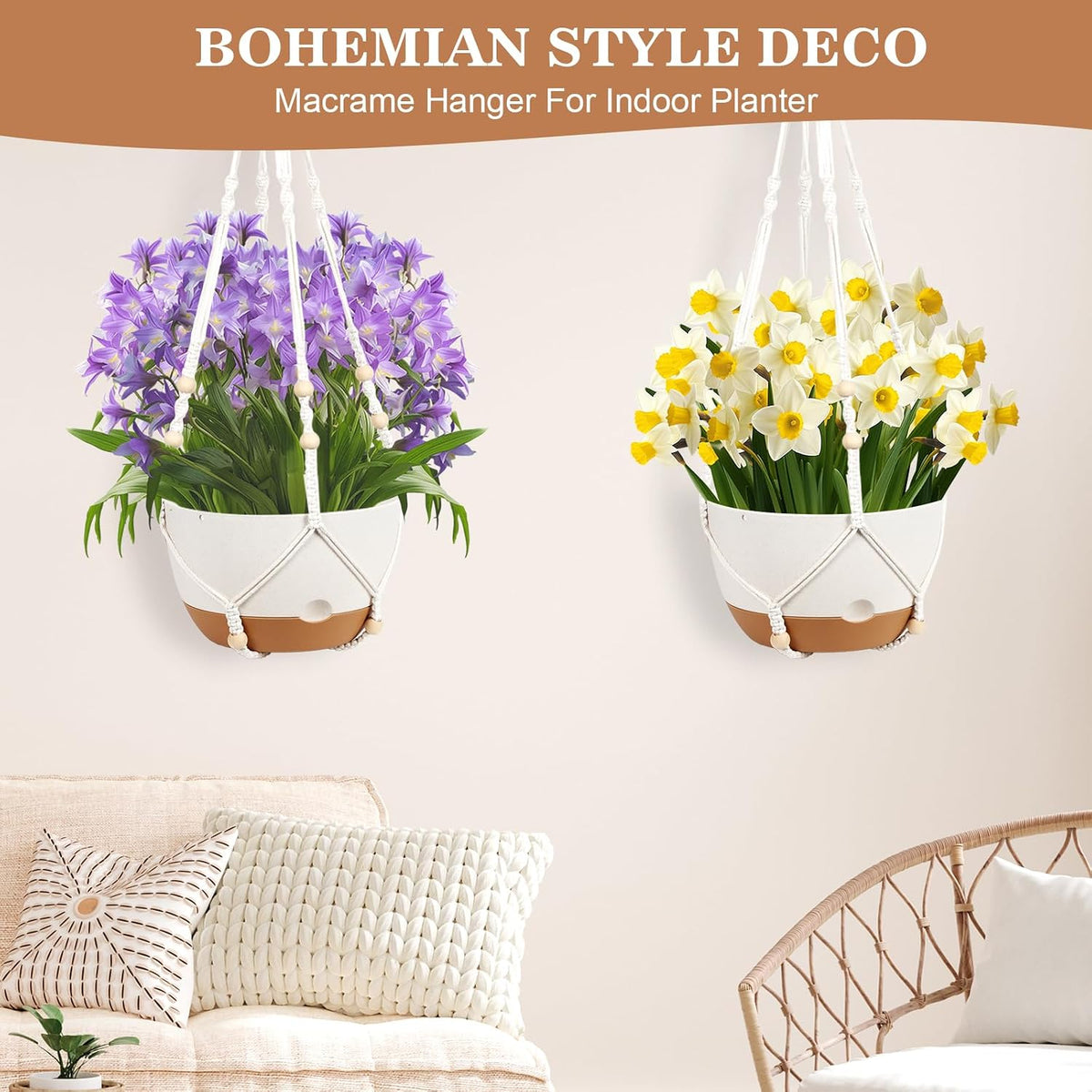 3 Pack Hanging Pot for Indoor Plants, 10inch Self-Watering Hanging Planter, Macrame Plant Hanger with Pot, Metal Chain, S & Ceiling Hooks, Removable Saucer and Drainage Holes for Garden Home - White