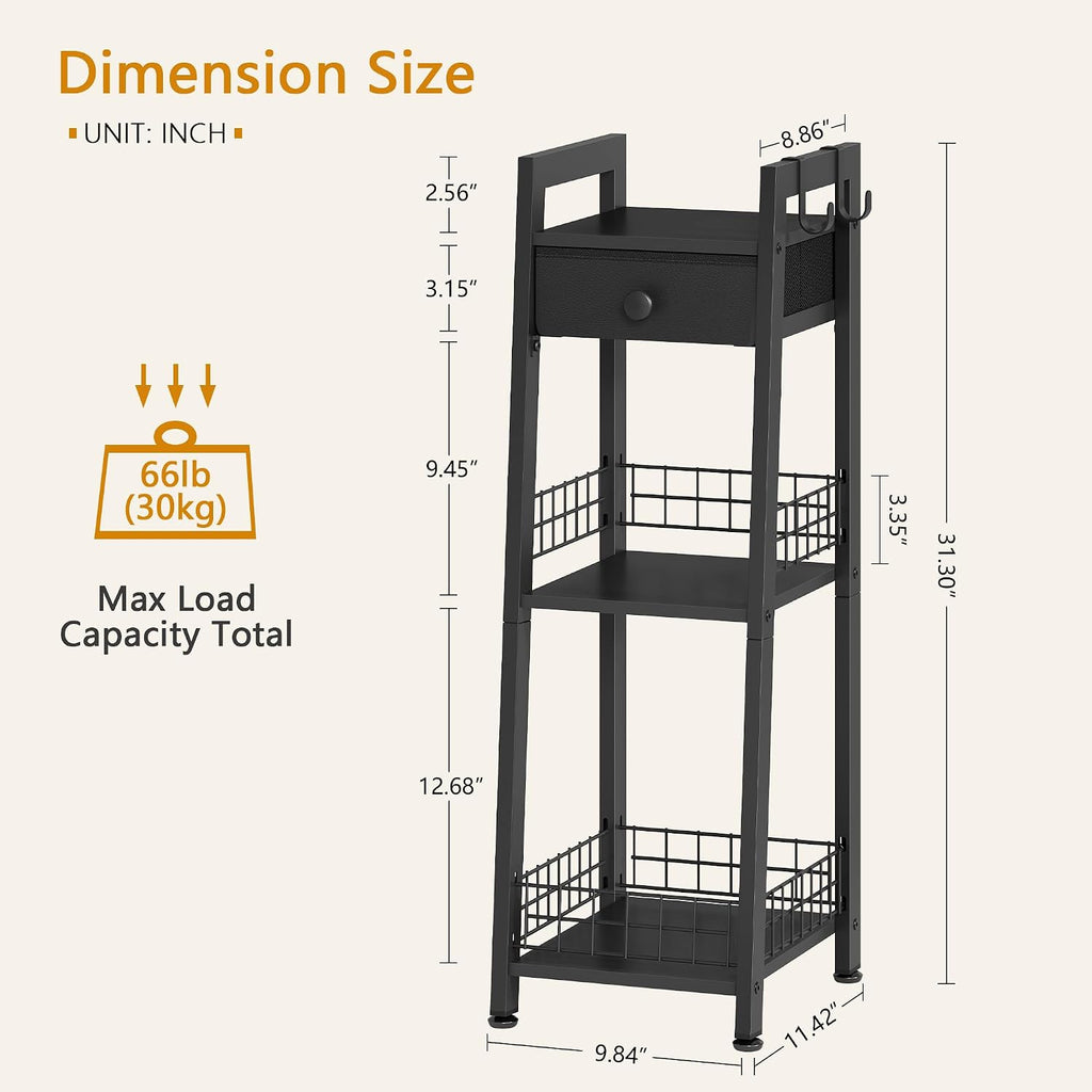 Gewudraw 3-Tier Narrow Bathroom Ladder Shelf with Storage Drawer, Black