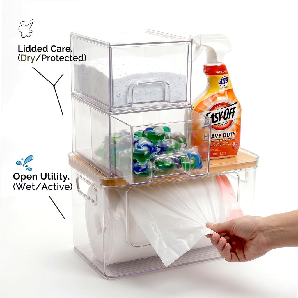 Hudgan Under Sink Organizer 3 in 1, Stackable Acrylic Bathroom Storage, Trash Bag Dispenser and Dishwasher Pods Holder for Kitchen and Laundry Room Organization