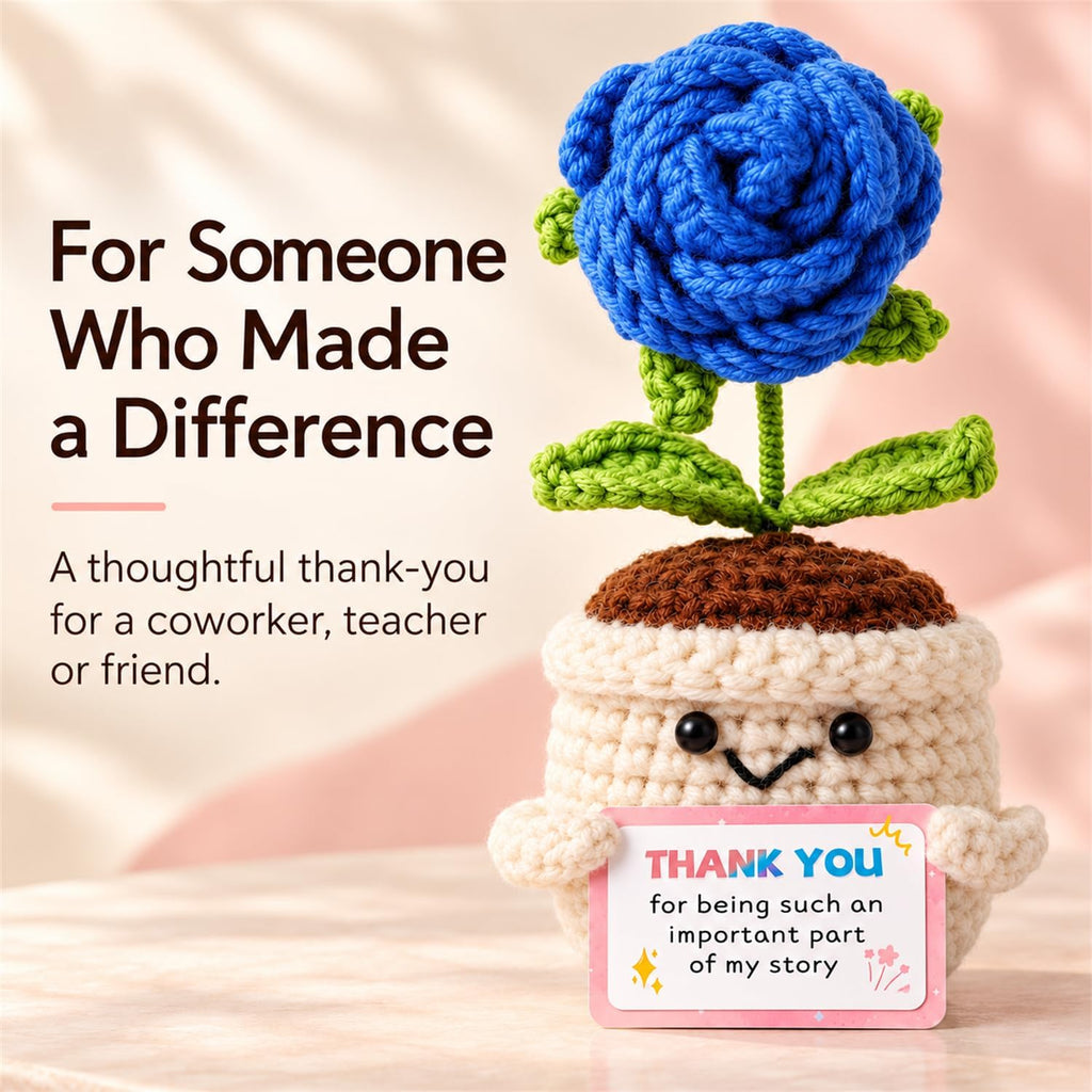Emotional Support Crochet Positive Rose Flower Inspirational Gifts for Men, Father's Day Birthday Thank You Gifts from Son Daughter Handmade Knitted Plant w/Card for Desk Decor