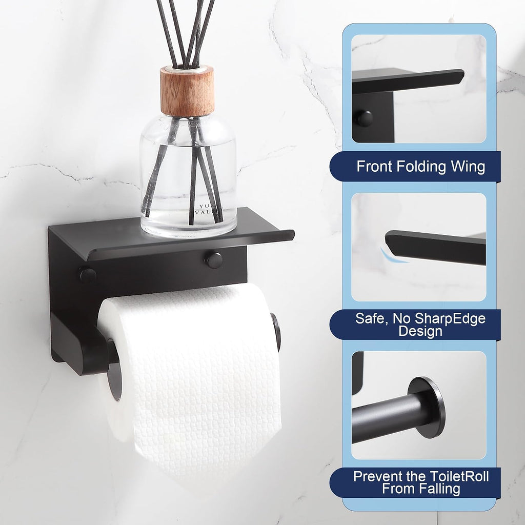 BGL Toilet Paper Holder with Shelf, Matte Black Rustproof Adhesive or Drill Installation Fits Mega Rolls Bathroom Tissue Holder