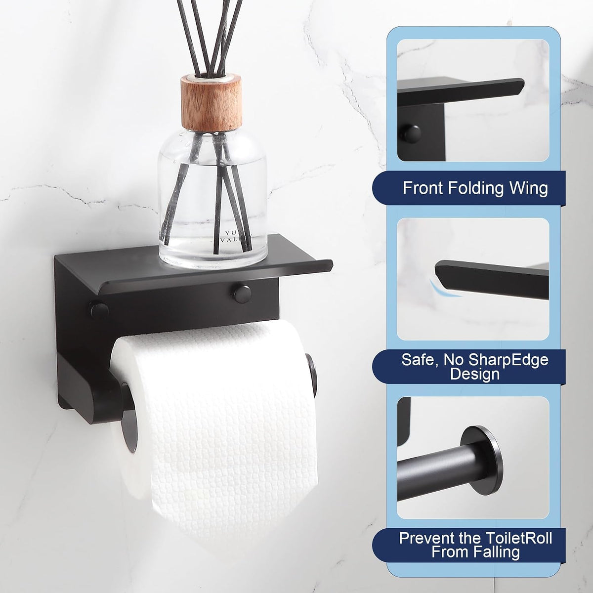 BGL Toilet Paper Holder with Shelf, Matte Black Rustproof Adhesive or Drill Installation Fits Mega Rolls Bathroom Tissue Holder