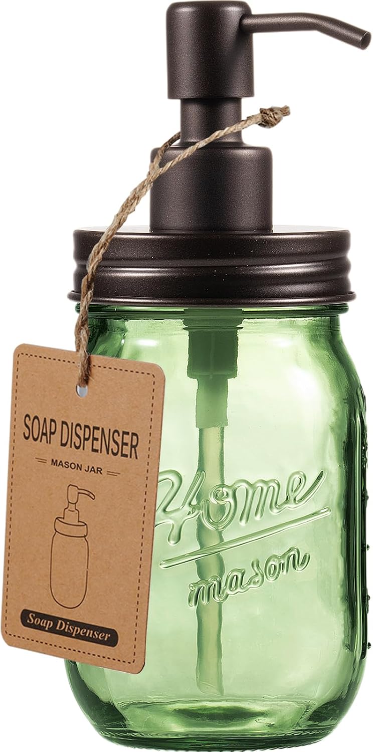 Amolliar 16OZ Green Glass Mason Jar Soap Dispenser W/Metal Pump, Bronze