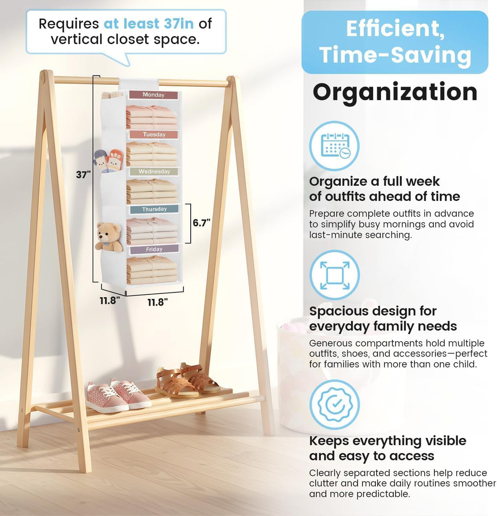 Weekly Clothes Organizer for Kids, 5-Shelf Kid Hanging Closet Organizer w/ 6 Side Pockets, Labeled Weekly Outfit Organizer for Kids, Days of The Week Clothes Organizer Monday Through Friday White