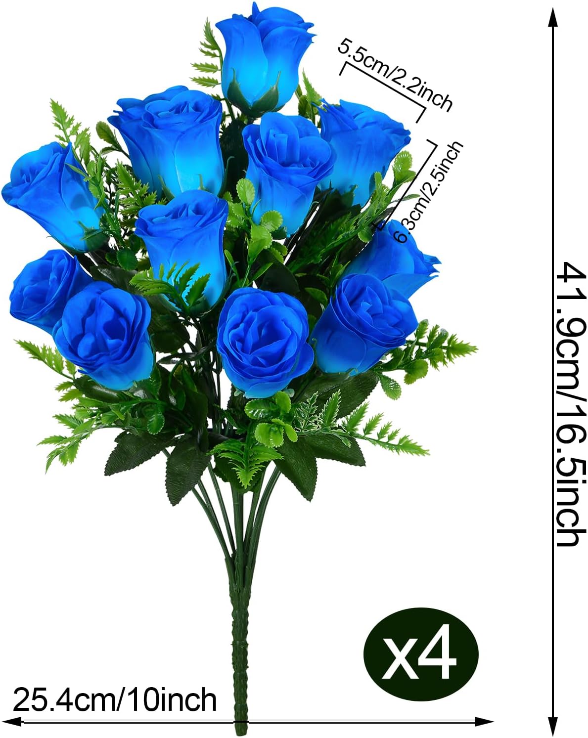 Artificial Rose Flowers Bouquet Realistic Silk Rose Fake Flowers for Wedding Home Centerpieces Party Cemetery Grave Decoration (4 Bouquets, Blue)