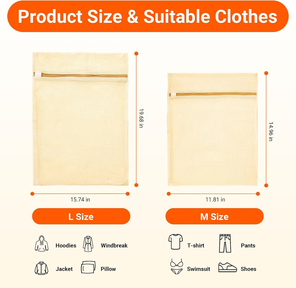 6 Pack 100% Cotton Mesh Laundry Bags for Delicates, Durable Mesh Wash Bags, Sturdy Zipper Laundry Bag for Underwear, Clothes, Shoes, Socks, (3 Large, 3 Medium)