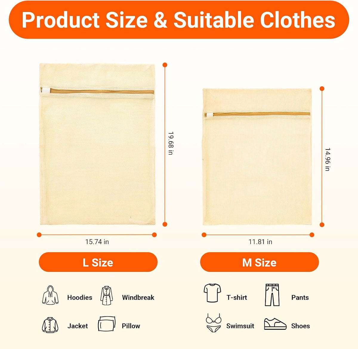 6 Pack 100% Cotton Mesh Laundry Bags for Delicates, Durable Mesh Wash Bags, Sturdy Zipper Laundry Bag for Underwear, Clothes, Shoes, Socks, (3 Large, 3 Medium)