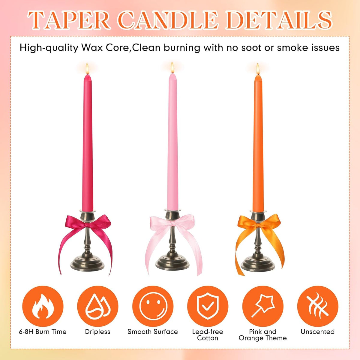 12 Pcs Pink and Orange Party Taper Candles with 3 Roll Ribbon