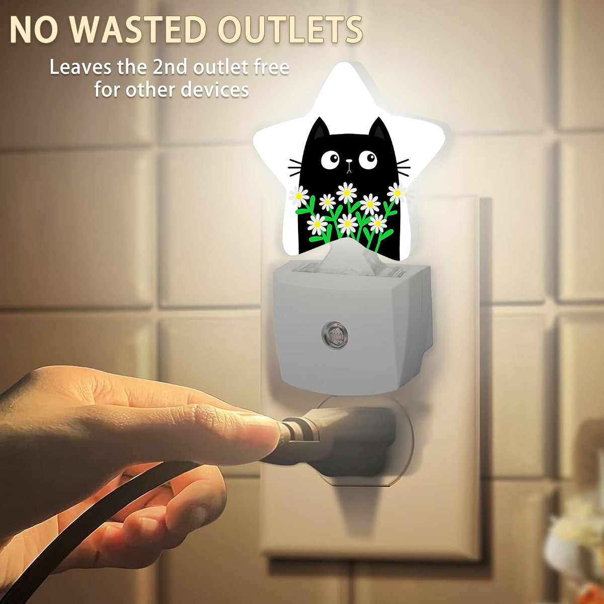 Cat Kitten Daisy Plug-in Night Light with Dusk-to-Dawn Sensor for Bedroom,Bathroom and Living Room Sleep Friendly lamp for Women/Girls/Boys Gift,0.5W