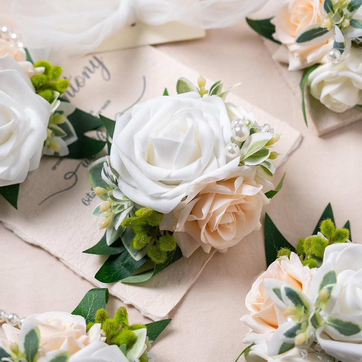 White Wrist Corsages, Set of 6,Faux Flowers for Women Wedding