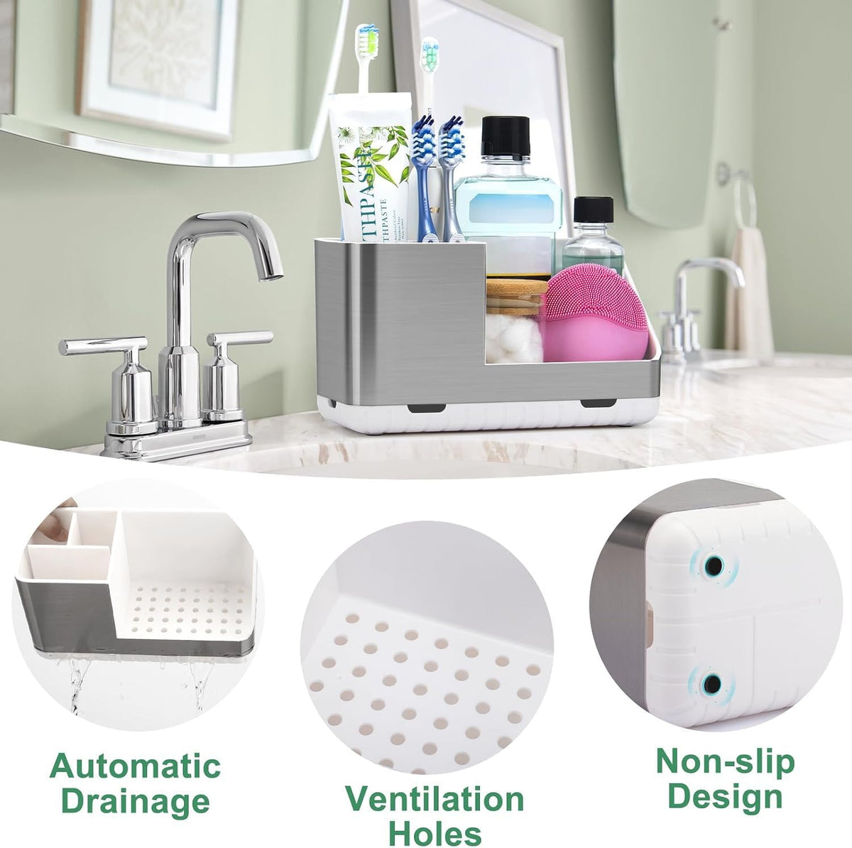 Toothbrush Holders for Bathroom Countertop Organizer (Brushed Silver Grain)