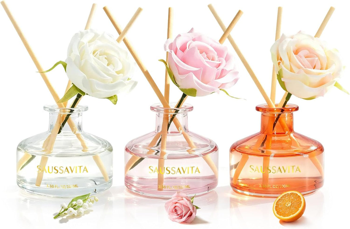 Reed Diffuser Set 3 Pack Rose Clean Linen Citrus Scented Air Freshener, Reed Diffusers for Home 3.38oz Each, Long Lasting Home Fragrance for Home Bathroom Office Decor, Women Birthday