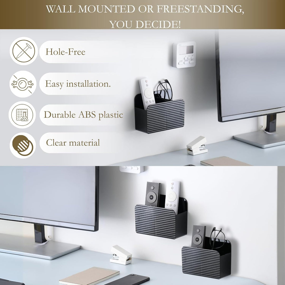 LINFIDITE Adhesive TV Remote Control Holder Wall Mount TV Remote Holder For Bedside Wall Remote Control Caddy Storage Organizer Stand Box （For 2 Or 4 Remote Controls – Black – Quantity 1）