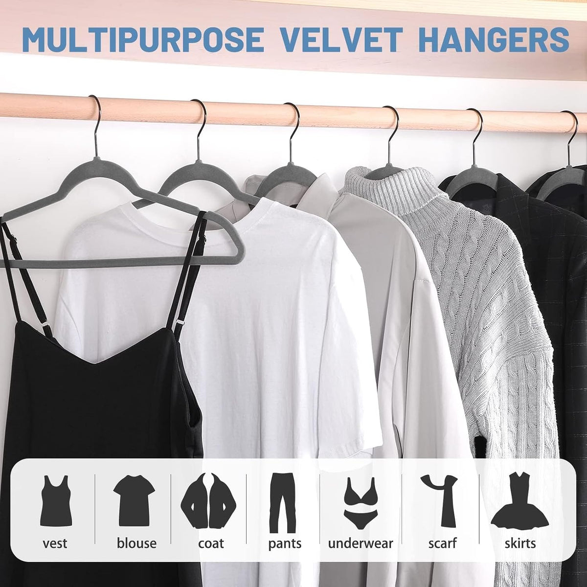 HOUSE DAY Grey Velvet Hangers 60 Pack, Non Slip Felt Hangers, Heavy Duty Velvet Clothes Hanger, Ultra Slim Hanger Space Saving, Perfect for Shirt, Suits, Pants