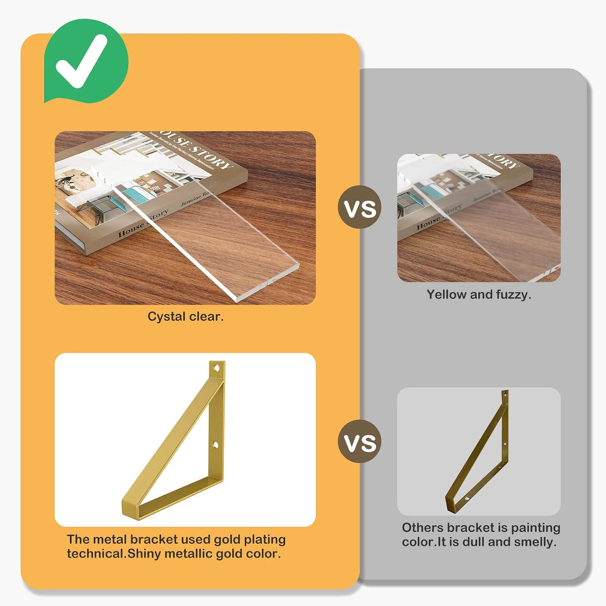 Clear Shelves, Gold Floating Shelves Wall Mounted Set of 3, 8mm Transparent Acrylic, Invisible Wall Shelves for Bedroom, Living Room, Bathroom, Kitchen, Office Display Decor (15in)