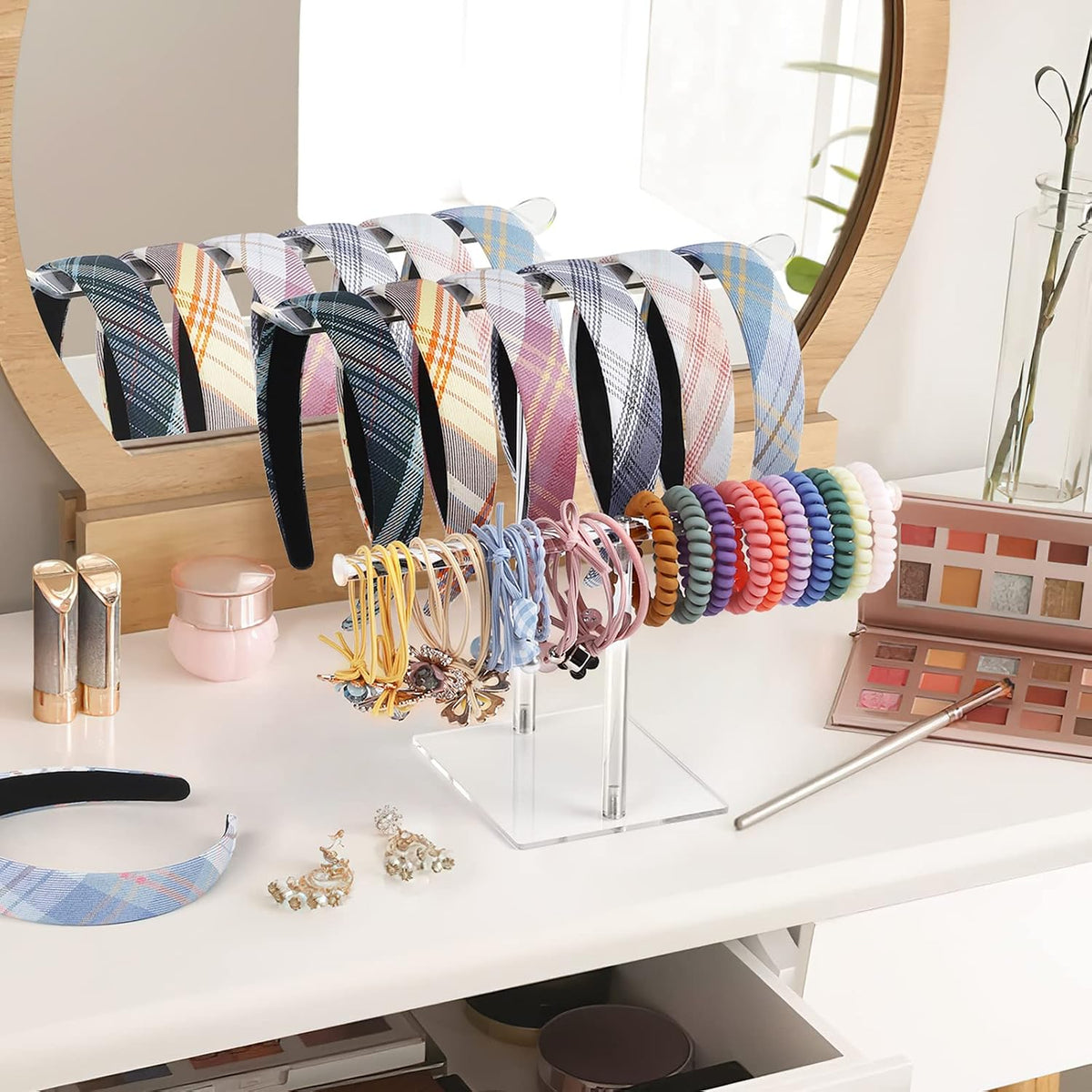Headband Holder, Scrunchie Holder Acrylic, Clear Hair Ties Stand Organizer