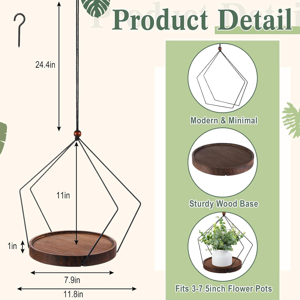 Threehoney 3 Pack Hanging Planters for Indoor Black Plant Hanger with Round Wood Base Large Indoor Hanging Plant Shelf Boho Holder Gift for Mom,housewarming (7.9 '',Rhombus)