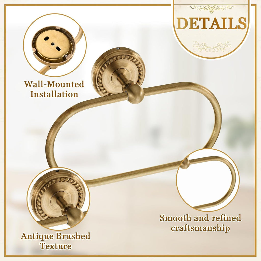 4 Pcs Antique Brass Gold Bathroom Accessories Set Wall-Mounted Towel Rack & Towel Ring & Toilet Paper Holder & Robe Hook, Wall Mounted Brass Vintage Bath Hardware Fixture Set(Double)