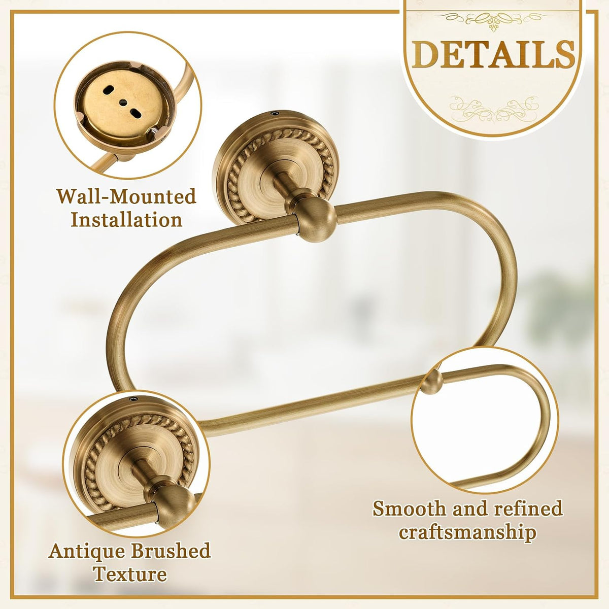4 Pcs Antique Brass Gold Bathroom Accessories Set Wall-Mounted Towel Rack & Towel Ring & Toilet Paper Holder & Robe Hook, Wall Mounted Brass Vintage Bath Hardware Fixture Set(Double)