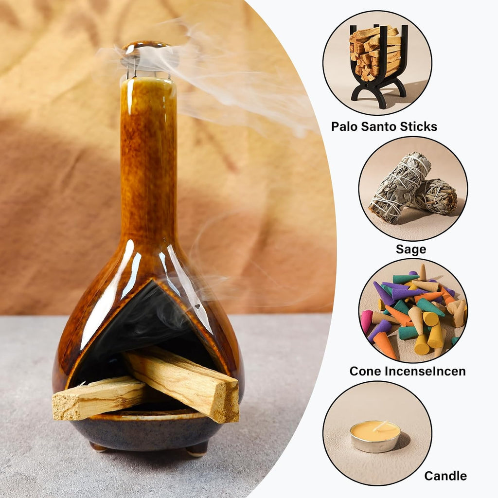 MOUGIGI Mini Chiminea Incense Burner Holder - Glossy Ceramic Smudge Bowl