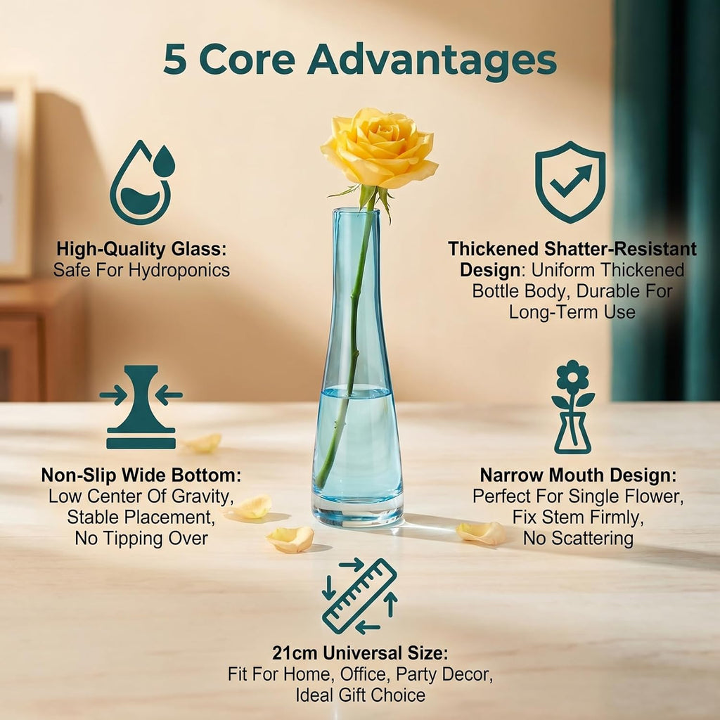 Hand-Made Blown Art Glass Single Bud Vase Clear Blue Single Stem Flower Container Small Vase for Home Office Décor