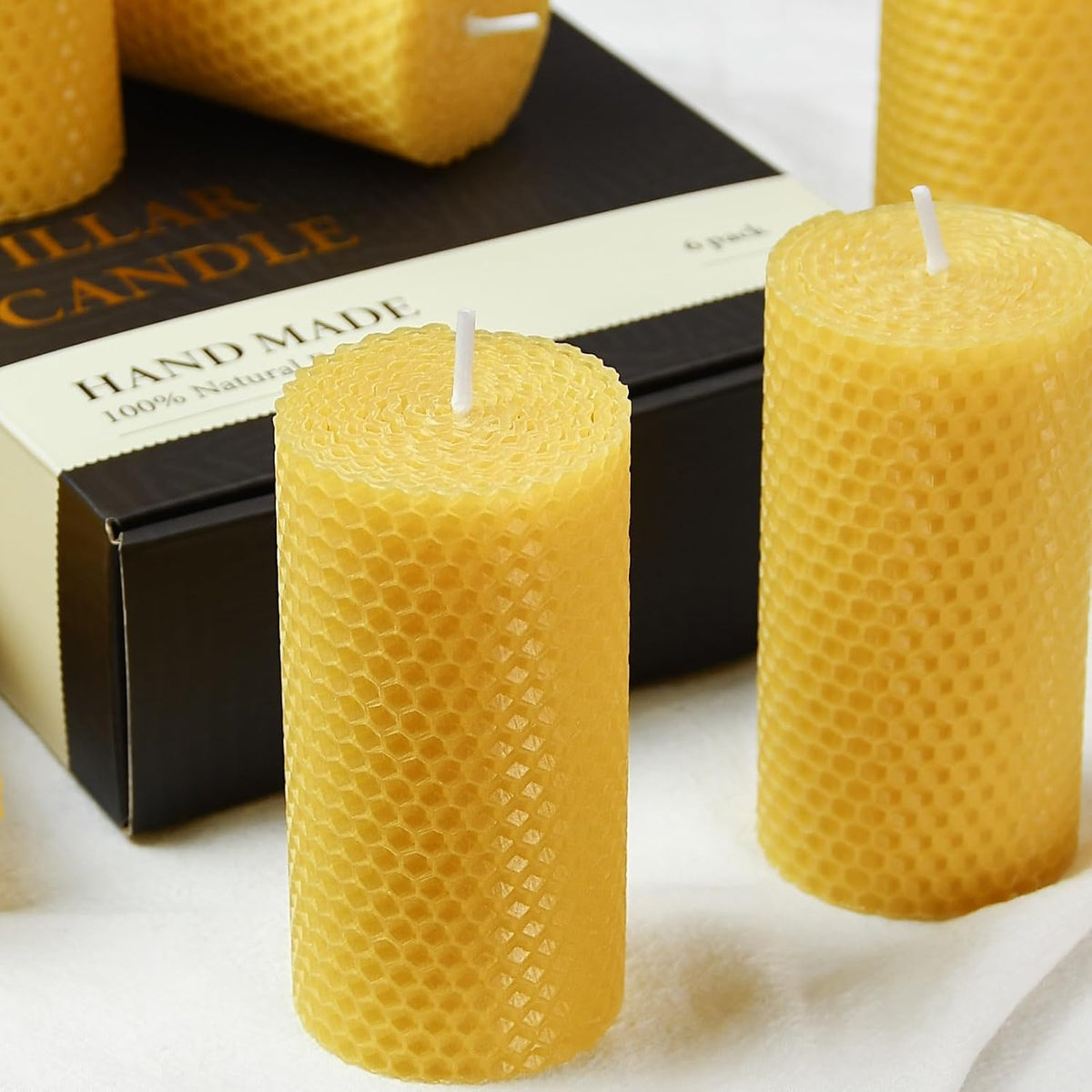 Hand Rolled Dripless Beeswax Pillar Candle Bulk, 2 x 4 inch, 6-Pack, Yellow