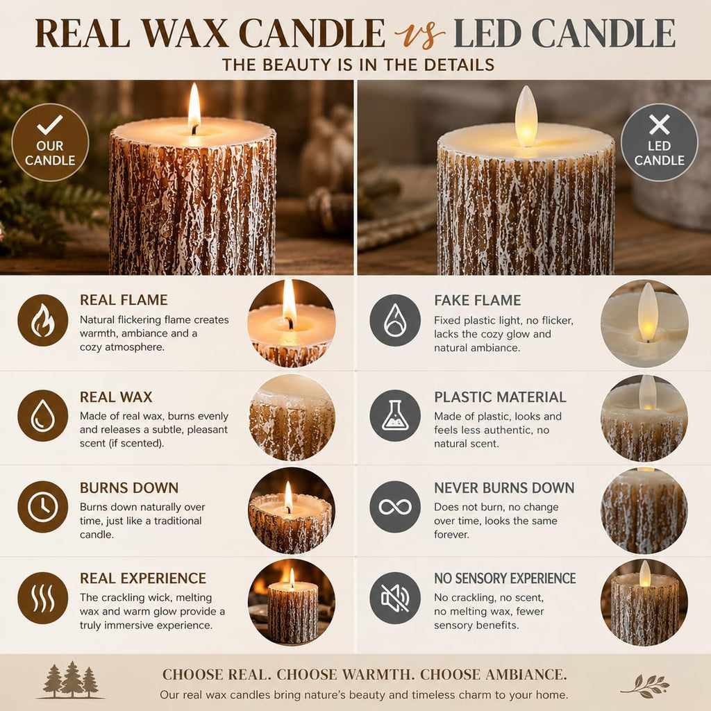 Rustic Pine Tree Pillar Candle Set of 3, Unscented Home Decor