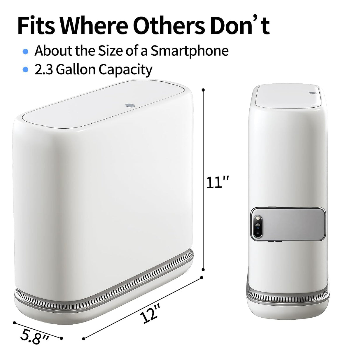 Small Bathroom Trash Can with Lid, 2.3 Gallon Slim Trash Can, Narrow Garbage Can with Hidden Liner & Auto-Smooth Bag Fit, Press-to-Open Lid, White, for Bathroom, Bedroom, Office, Kitchen