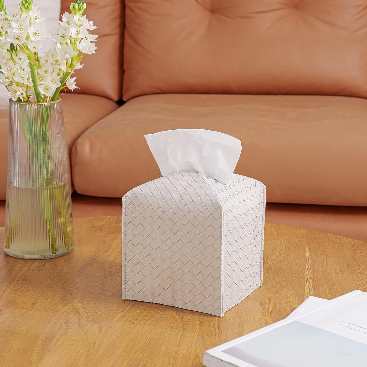 Tissue Box Cover Square Leather Facial Paper Holder, White