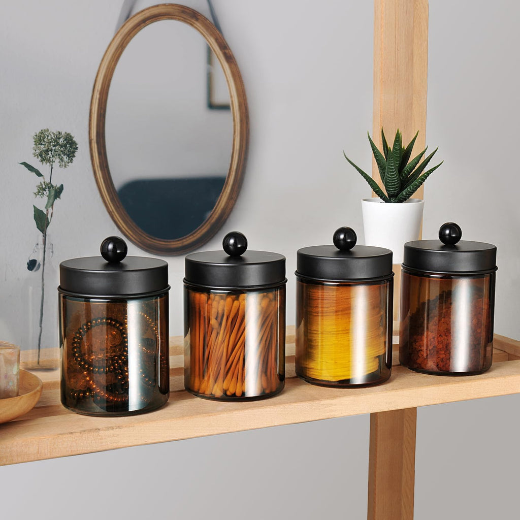 Amolliar Amber Glass Apothecary Jars Qtip Holder w/Metal Lids,Black 6pc