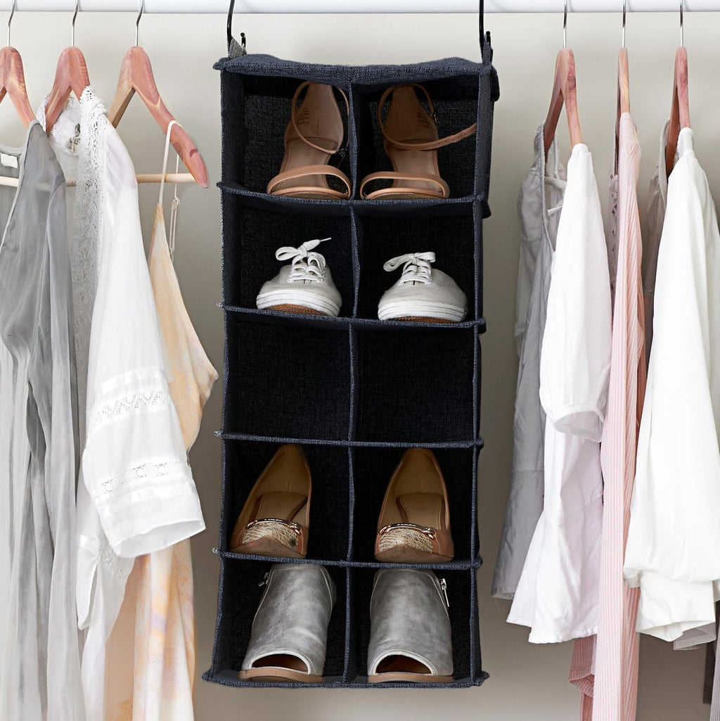 Household Essentials Hanging Cotton Blend and Plastic Closet Shoe Organizer with 10 Storage Compartments, Denim