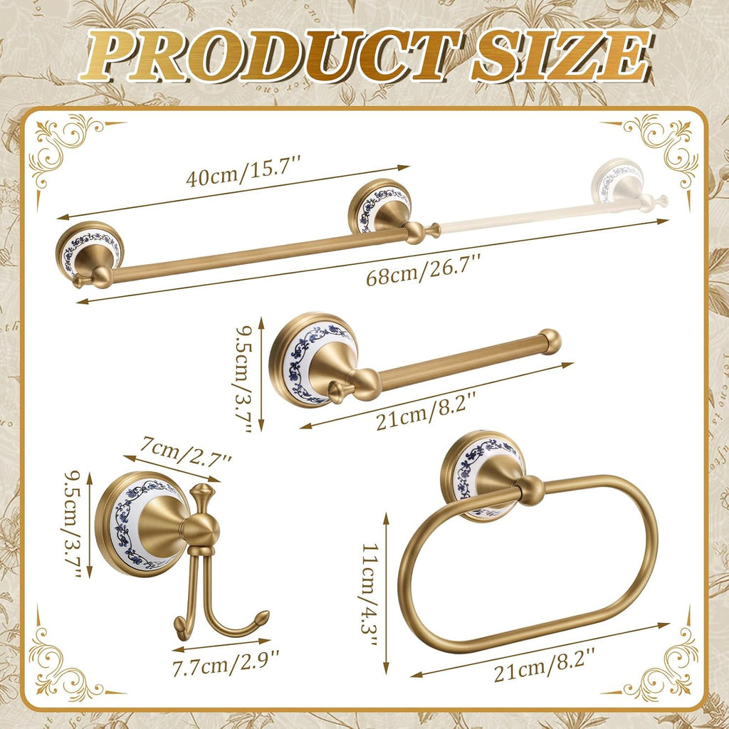 4 Pcs Antique Brass Gold & Porcelain Bathroom Accessories Set, Wall-Mounted Towel Rack & Towel Ring & Toilet Paper Holder & Robe Hook, Vintage Chinese Style Brass Bath Hardware Fixture Set
