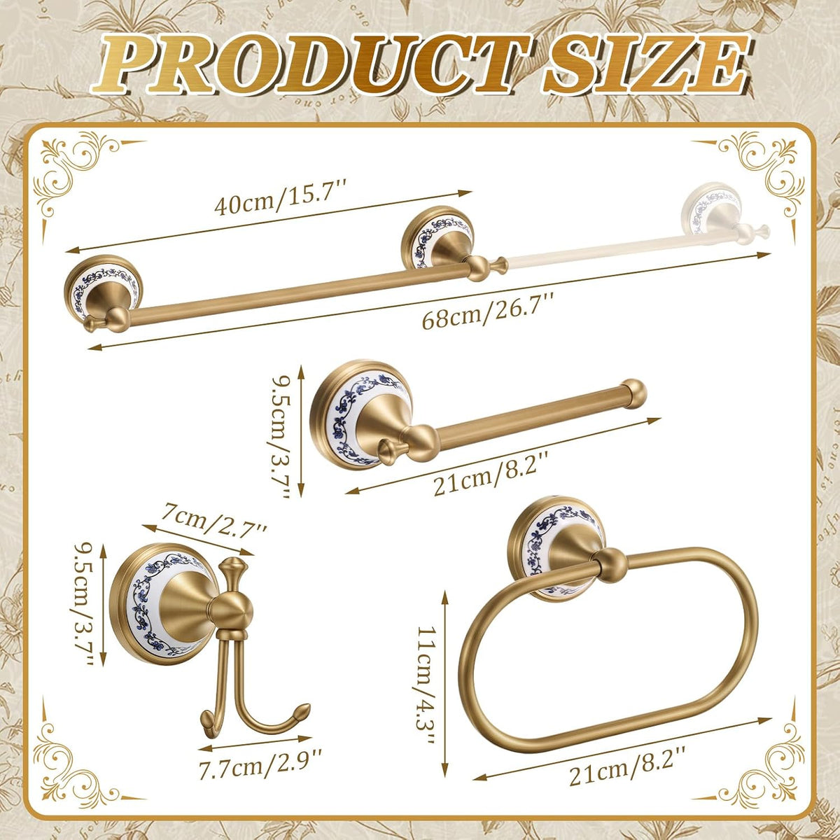4 Pcs Antique Brass Gold & Porcelain Bathroom Accessories Set, Wall-Mounted Towel Rack & Towel Ring & Toilet Paper Holder & Robe Hook, Vintage Chinese Style Brass Bath Hardware Fixture Set