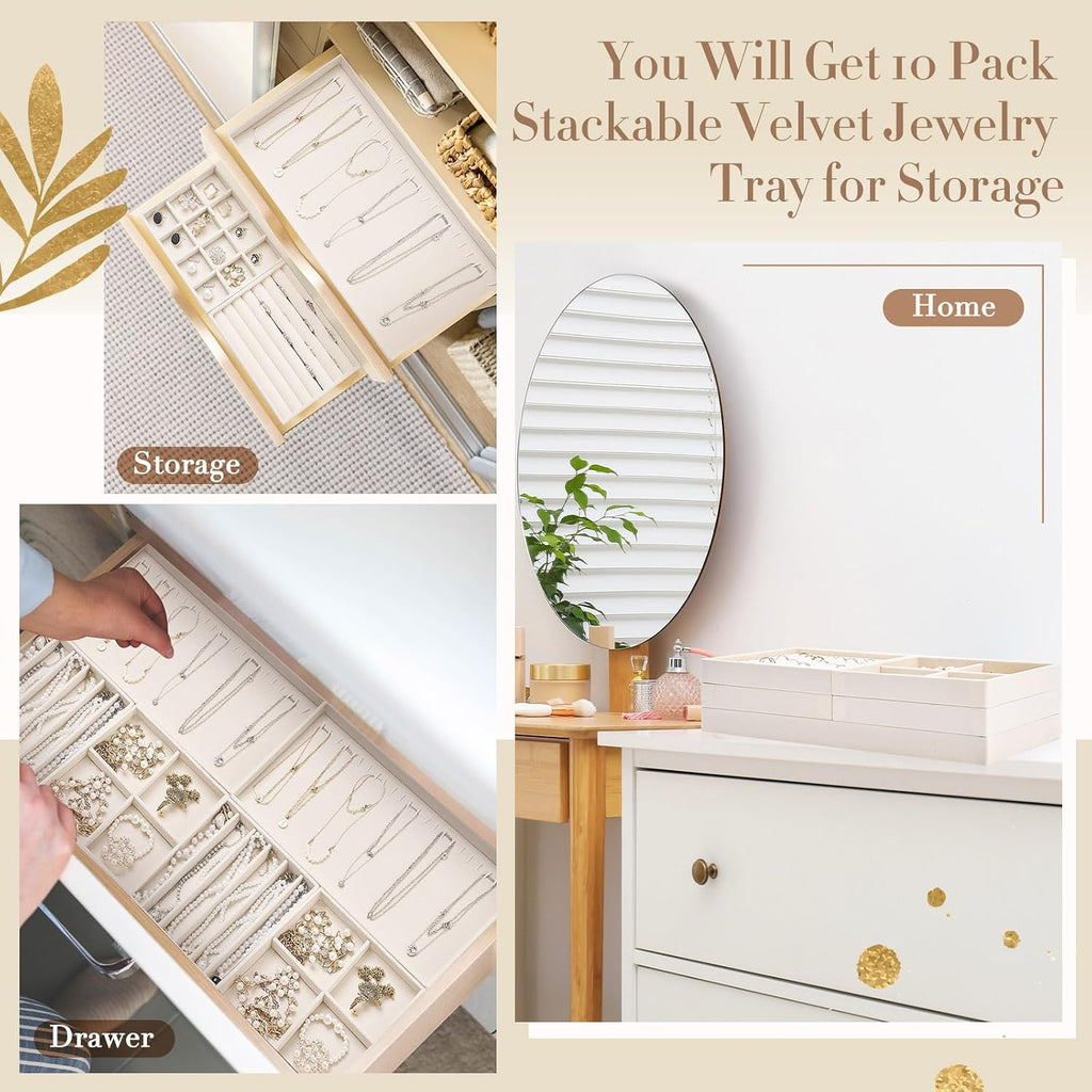 Cinnvoice Set of 10 Stackable Jewelry Organizer Tray for Drawer, Beige