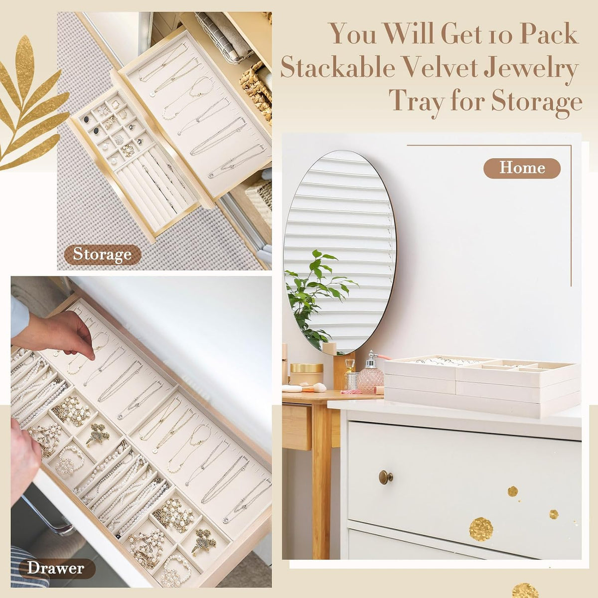 Cinnvoice Set of 10 Stackable Jewelry Organizer Tray for Drawer, Beige