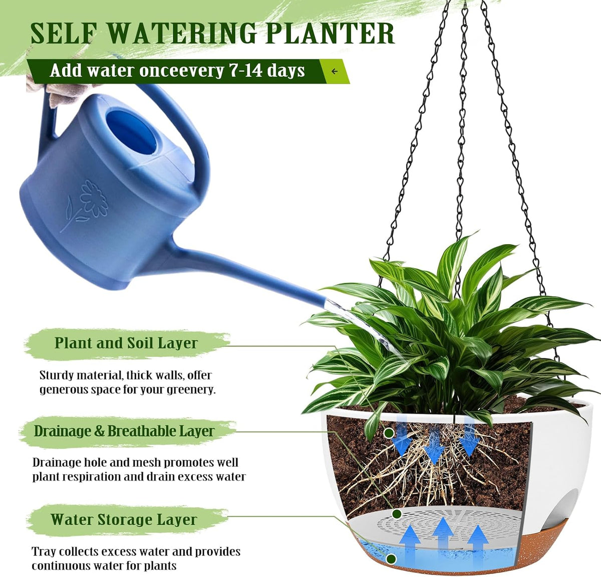 10 Inch Self Watering Hanging Planters with Metal Chain & Macrame Hangers