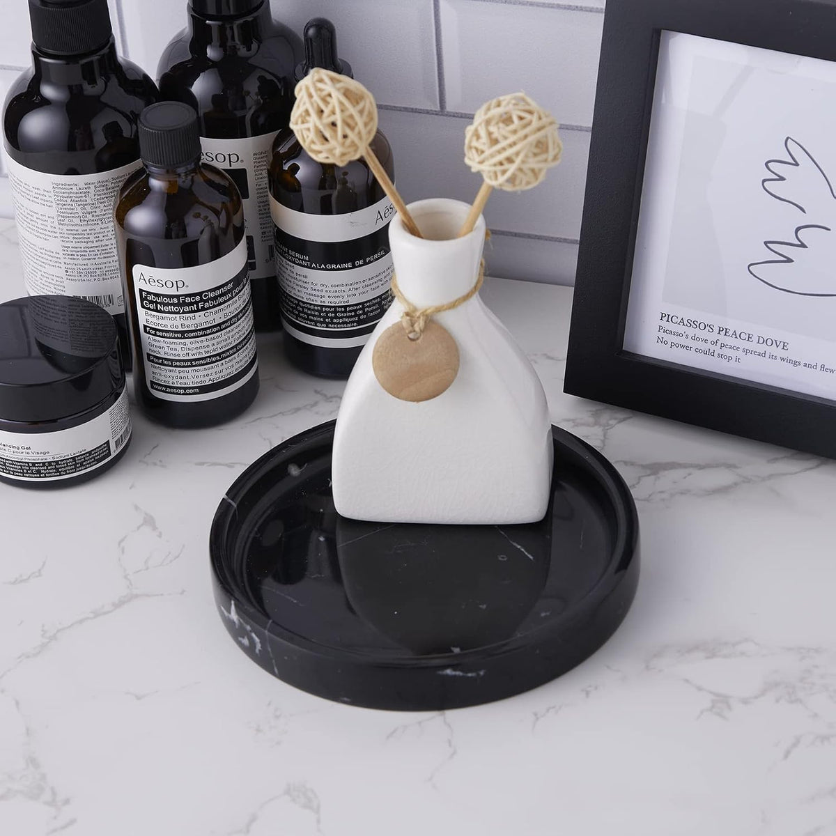 100% Carved Marble Round Vanity Tray 5.5'', for Kitchen Bathroom Countertop, Nightstand Decor, Candle Holder, Jewelry Rind Dish, Trinket Plate, Table Accents, Black