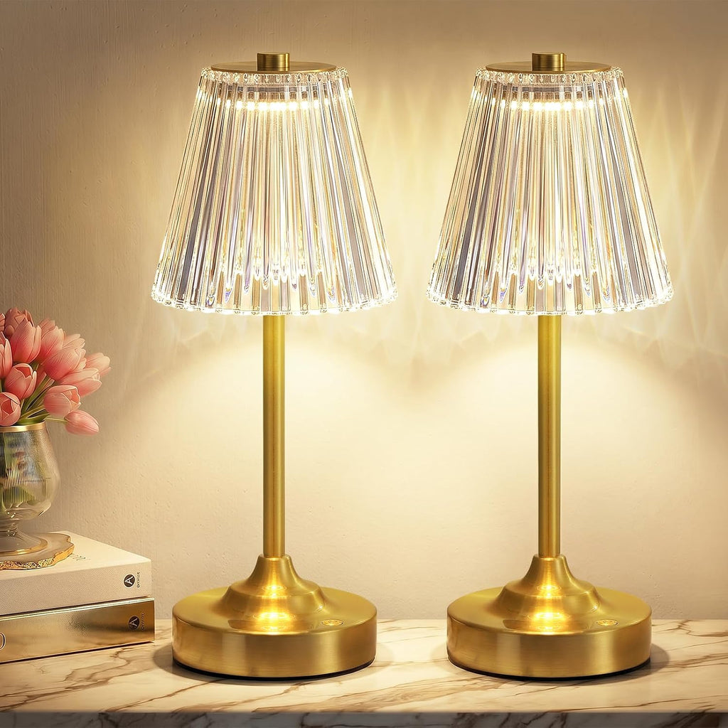 Kakanuo Gold Cordless Rechargeable Table Lamp, Touch Battery Powered Lamp, 3 Color Modes, Crystal Acrylic Lampshade, Portable Ambient Night Light for Desk, Bedroom, Dining Room, Kitchen, Bar (2 Pack)