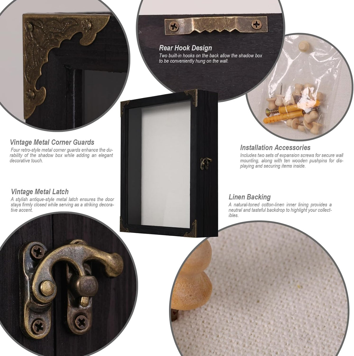 11x14 Shadow Box Frame with Glass Door, Solid Wood Memory Display Case, Linen Back, 2.7" Overall Depth, 10 Push Pins & Hanging Hardware, Rustic Keepsake Box for Flowers, Photos, Medals, Black